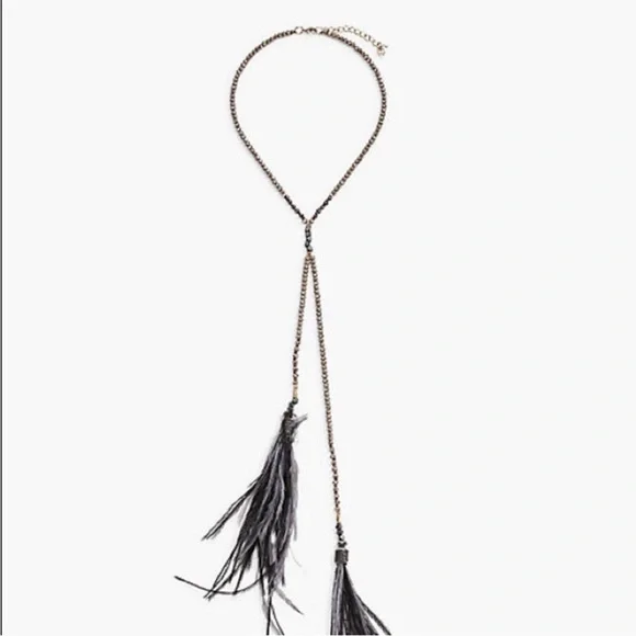 LUCKY BRAND Gray/Black Feather & Czech Crystal Lariat Necklace - Picture 2 of 7
